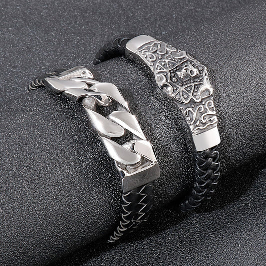 Woven Leather and Stainless Steel Chain Mens Bracelet