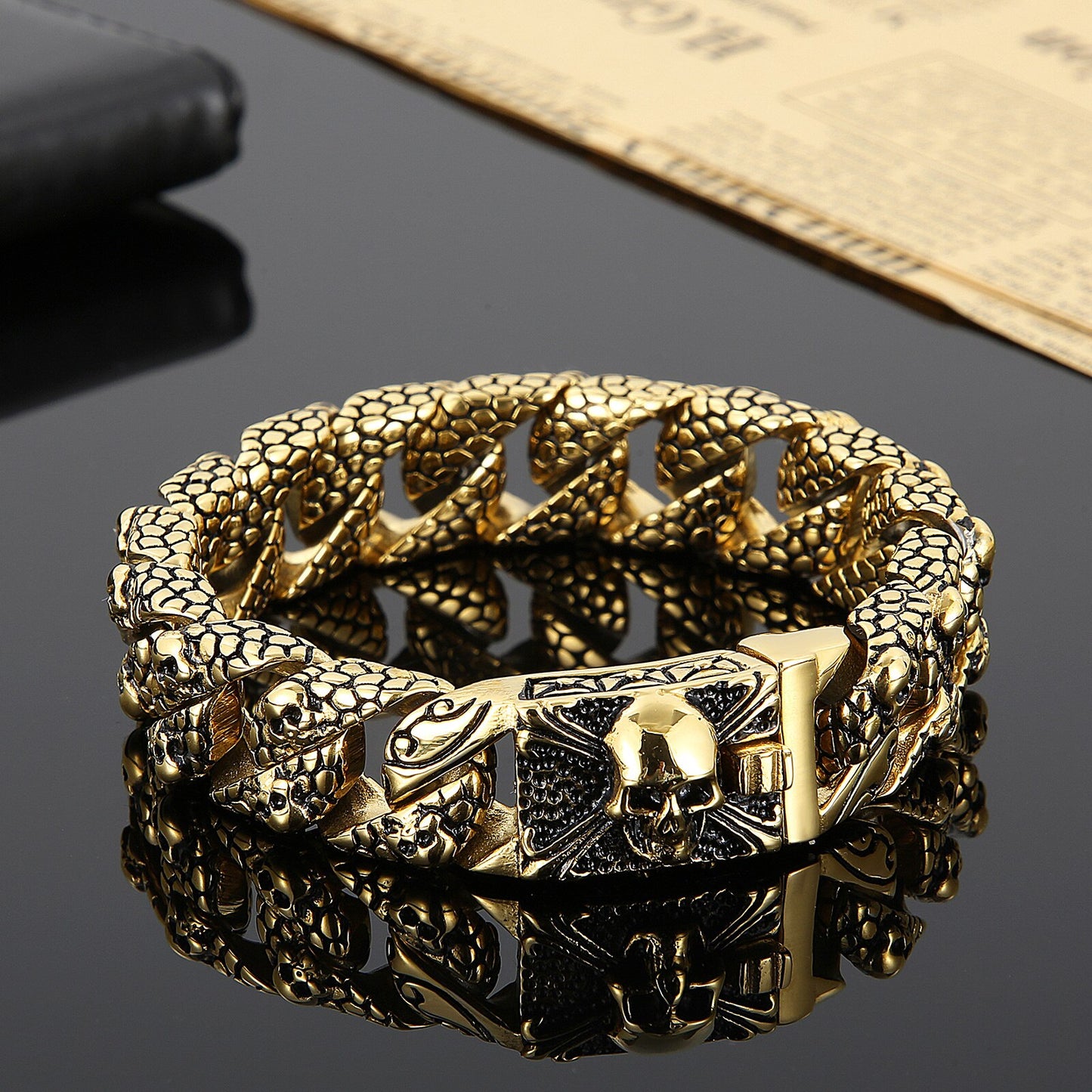 Serpentskin and Skull Steel Cuban Link Bracelet