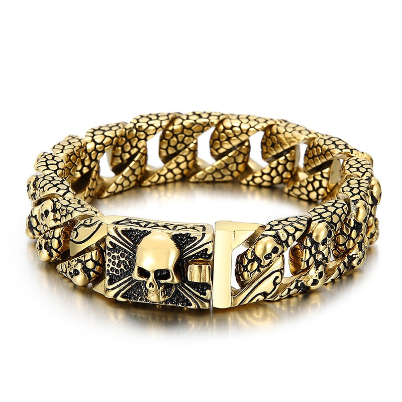 Serpentskin and Skull Steel Cuban Link Bracelet