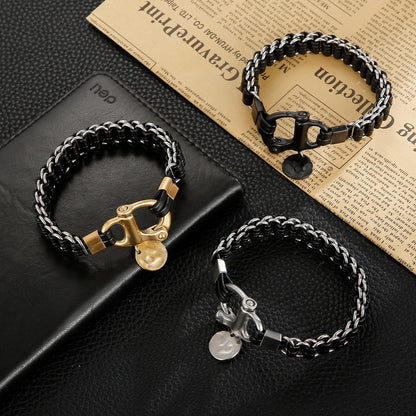 Punk Rock Big Clasp Men Leather Bracelet Round Charm Rope with Stainless Steel Classic Bangle Jewelry