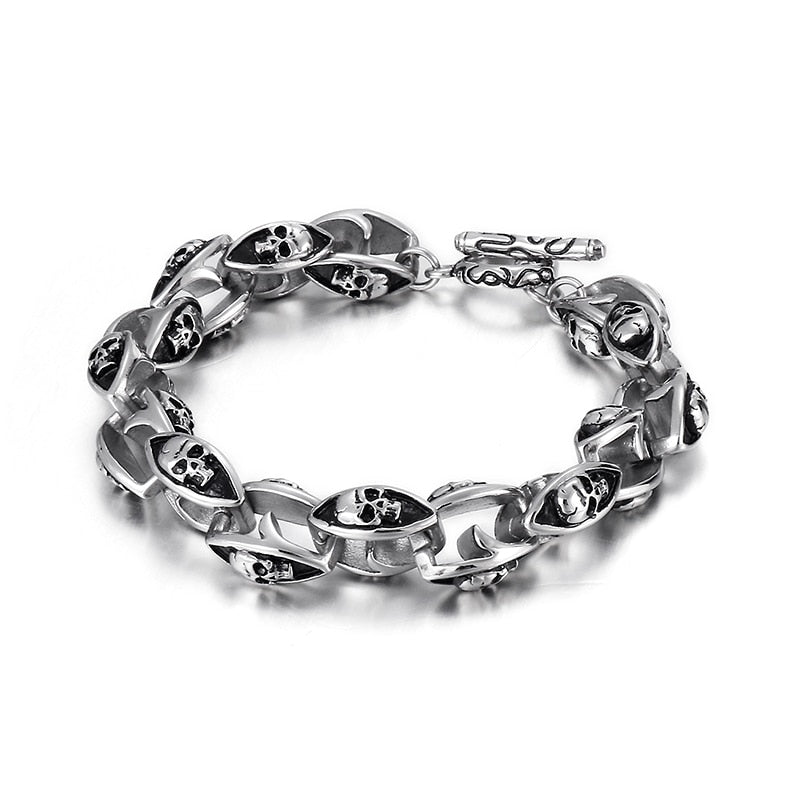 Retro Skull Chain Matte Black Men Bracelet Stainless Steel Long Big Wrist Band Fashion Jewelry