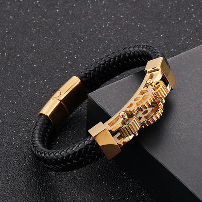 Men Classic Braided Leather Bracelet Gearwheel Charm Stainless Steel Punk Fashion Bangle Jewelry