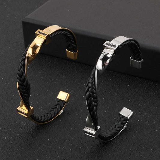 Retro Charm Leather Bangle Men Stainless Steel Bracelet Cuff Bangles Man Jewelry