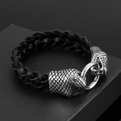 Viking Snake Leather Braided Rope Chain Men Bracelet High Quality Stainless Steel Charm Punk Male Fashion Jewelry