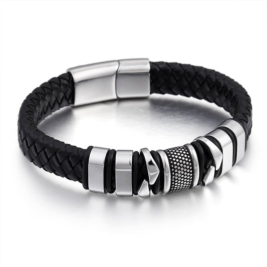 Vintage Charm Leather Bracelet Men Stainless Steel Black Weave Bracelets Man Fashion Jewelry