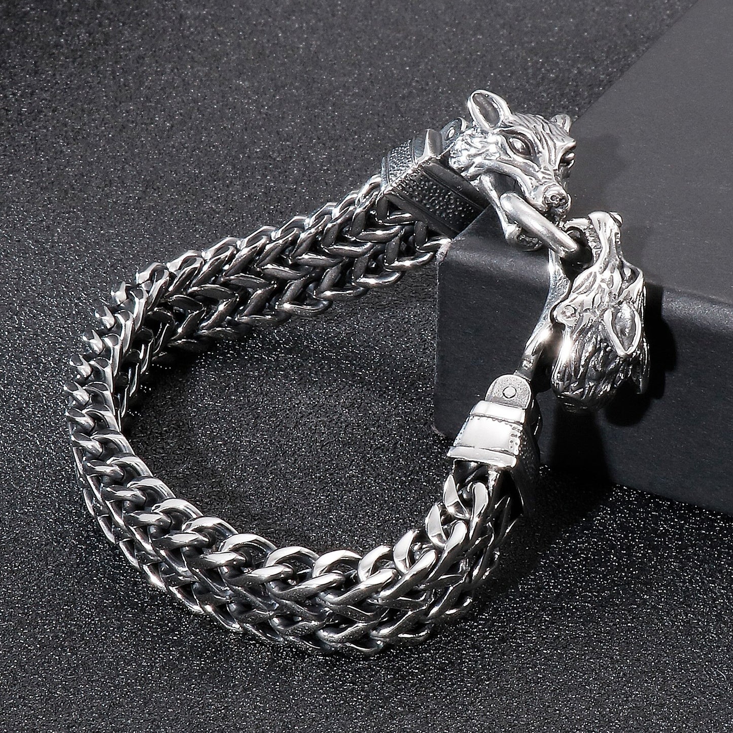 Punk Wolf Head Matte Black Stainless Steel Mesh Link Chain Men's Friendship Animal Bracelets Jewelry