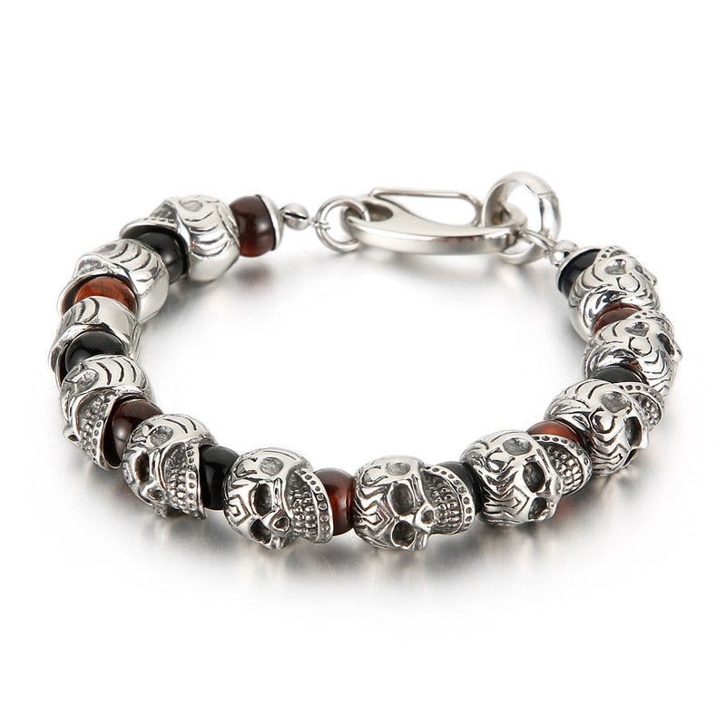 Skull Head and Stone Beads Mens Bracelet