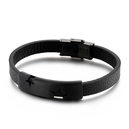 Star Punch Steel Bar and Leather Bracelet