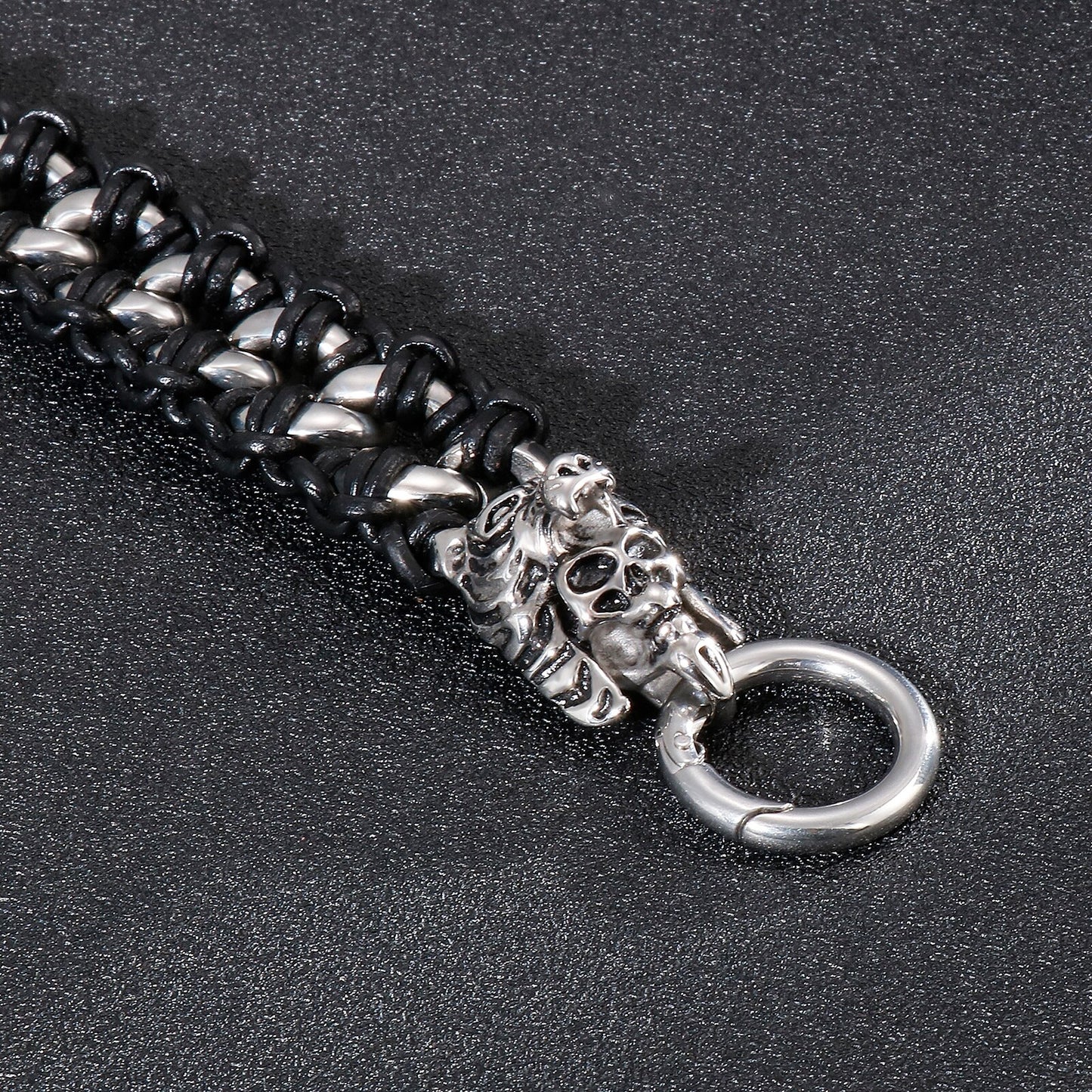 Punk Skull Head Black Leather Strand Stainless Steel Men Hand Viking Biker Male Link Chain Bracelet Fashion Jewelry