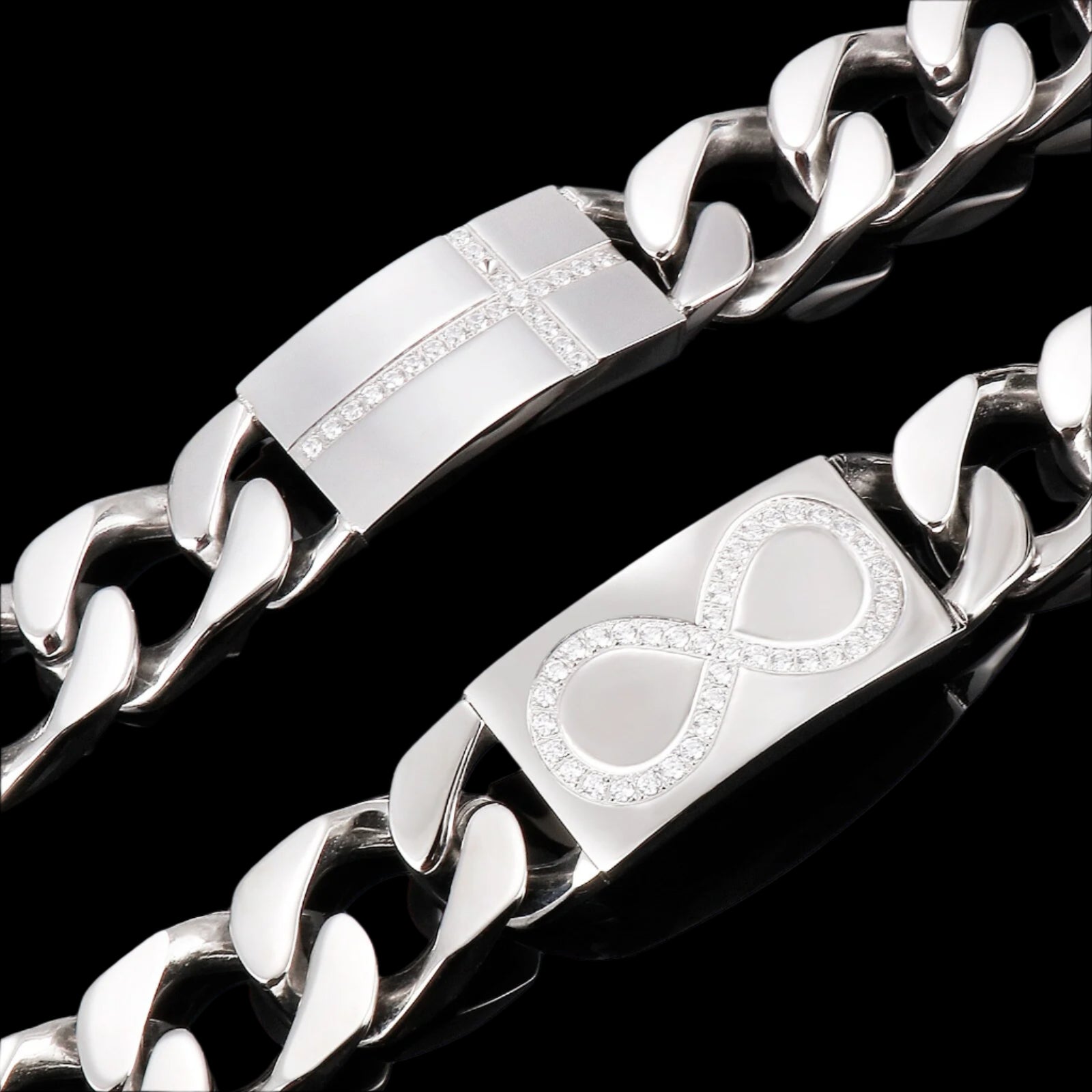 Infinity and Cross Plate Diamond and Steel Cuban Chain Bracelet