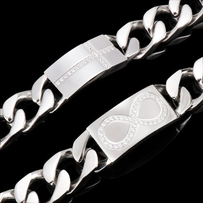 Infinity and Cross Plate Diamond and Steel Cuban Chain Bracelet