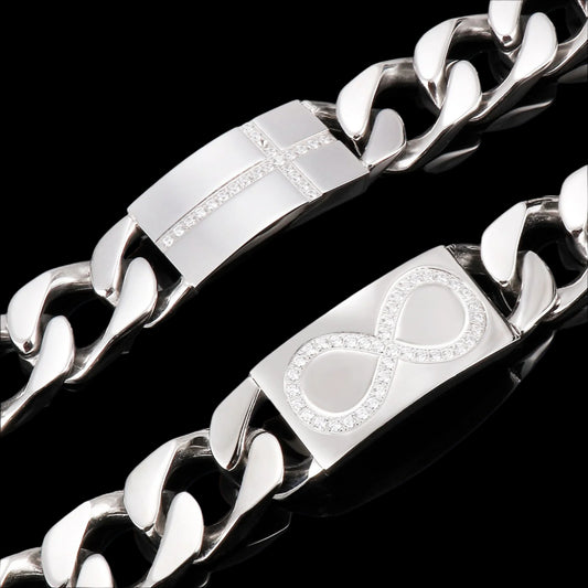 Infinity and Cross Plate Diamond and Steel Cuban Chain Bracelet