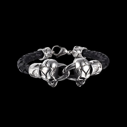 Joined Skulls Steel and Braided Leather Mens Bracelet