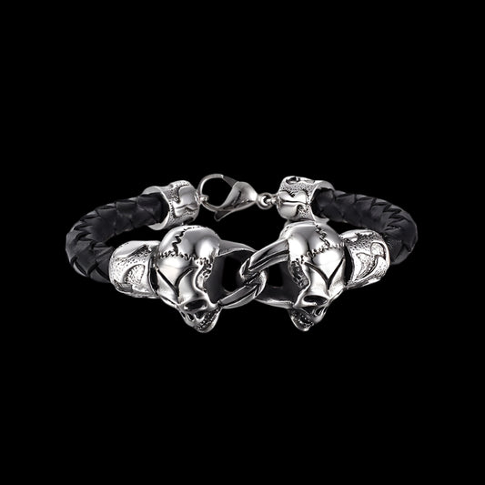 Joined Skulls Steel and Braided Leather Mens Bracelet