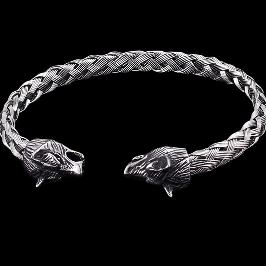 Modern Braided Steel Wolf Bangle Bracelet