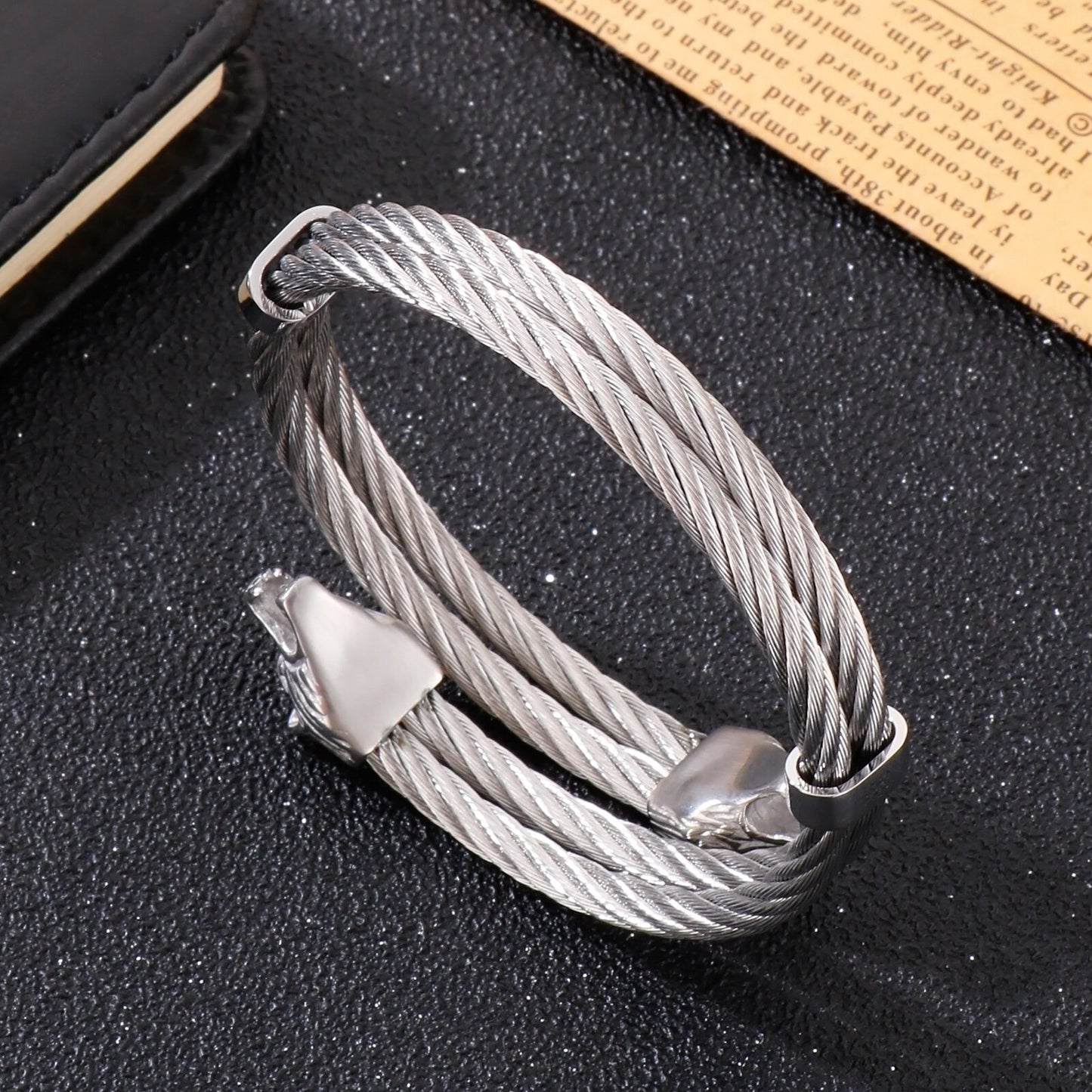 Modern Minimalist Two Strand Woven Steel Wolf Bangle