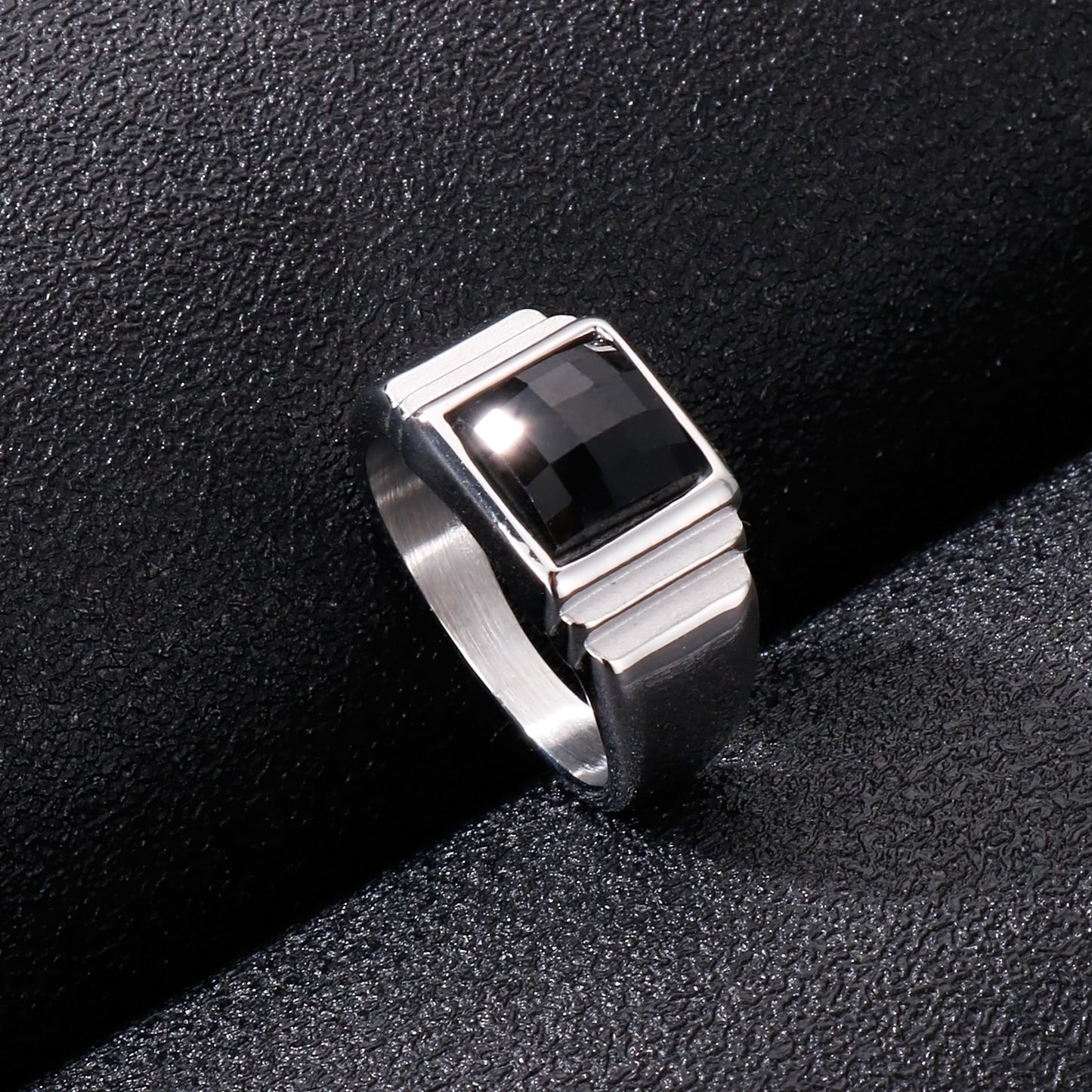 Black and Steel Layering Signet Ring Duo