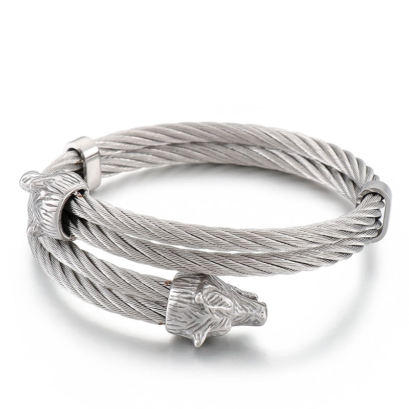 Modern Minimalist Two Strand Woven Steel Wolf Bangle