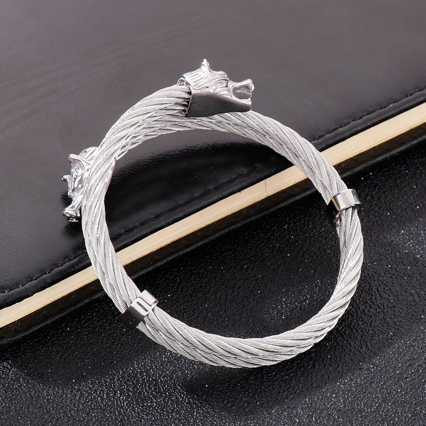 Modern Minimalist Two Strand Woven Steel Wolf Bangle