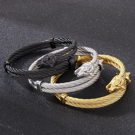 Modern Minimalist Two Strand Woven Steel Wolf Bangle