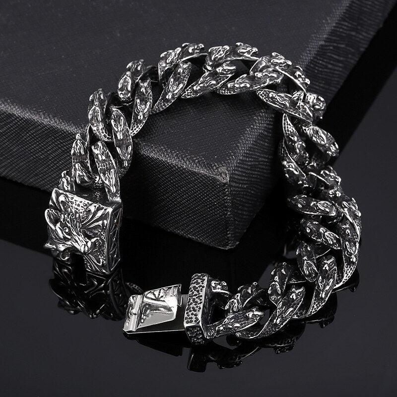 Punk Wolf Head Animal Men Bracelet Viking Retro Stainless Steel Wristband Charm Trendy Plait Chain Bangle Jewelry