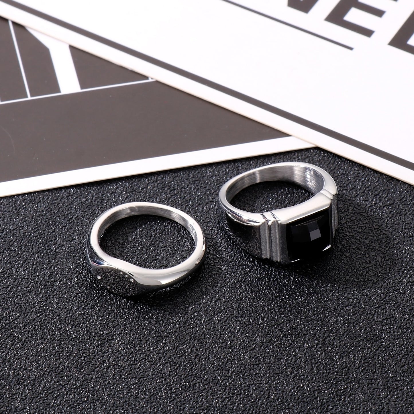 Black and Steel Layering Signet Ring Duo