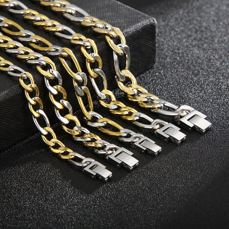 Men's Cuban Chain Bracelets Gold and Silver Color Stainless Steel Figaro Link Chain Bracelets For Men Trendy Jewelry