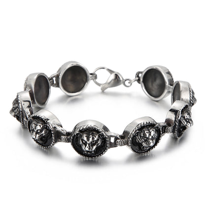 Tiger Head Charm Bracelet for Men 8.66 Inch Vintage Black Stainless Steel Punk Animal Wristband Trendy Jewelry