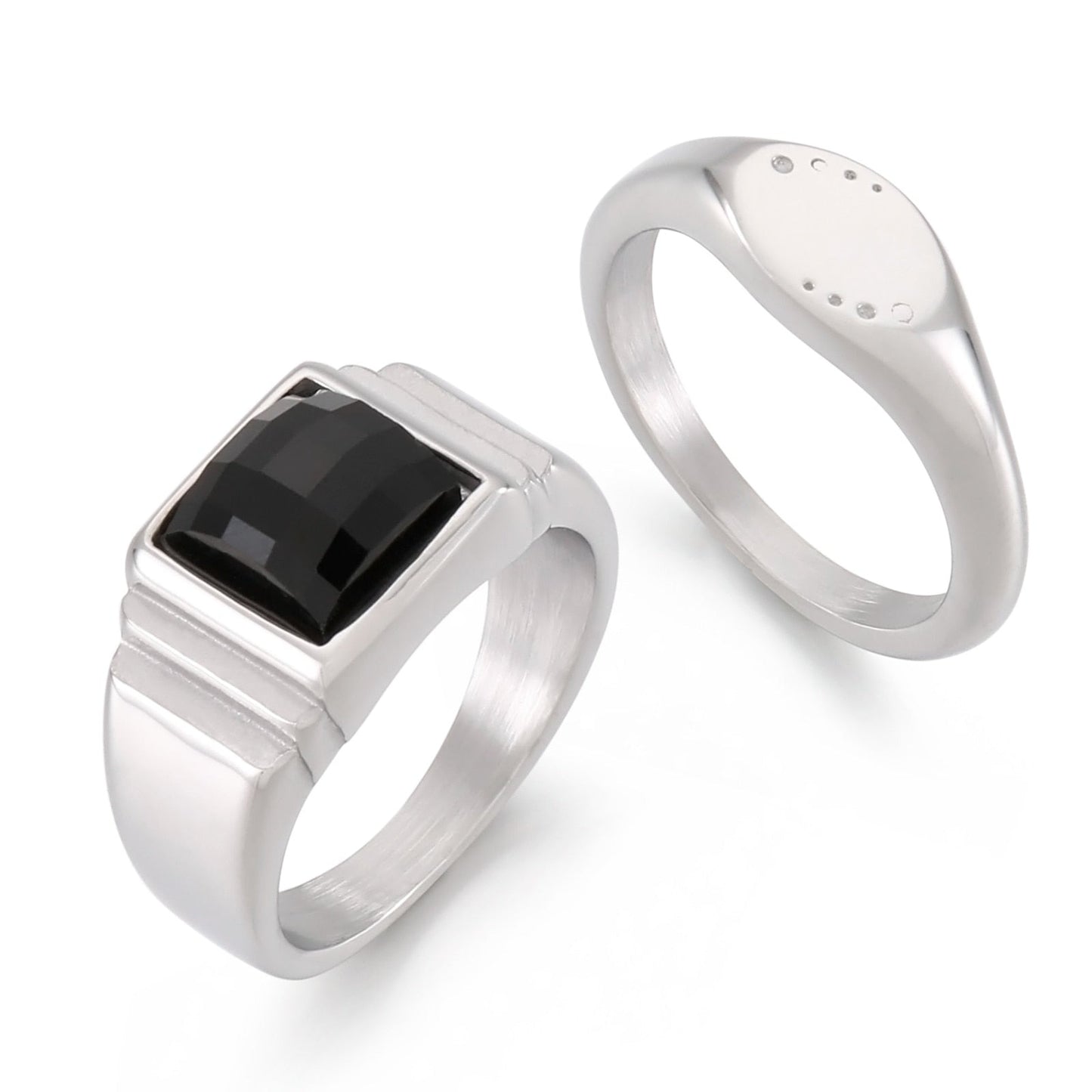 Black and Steel Layering Signet Ring Duo