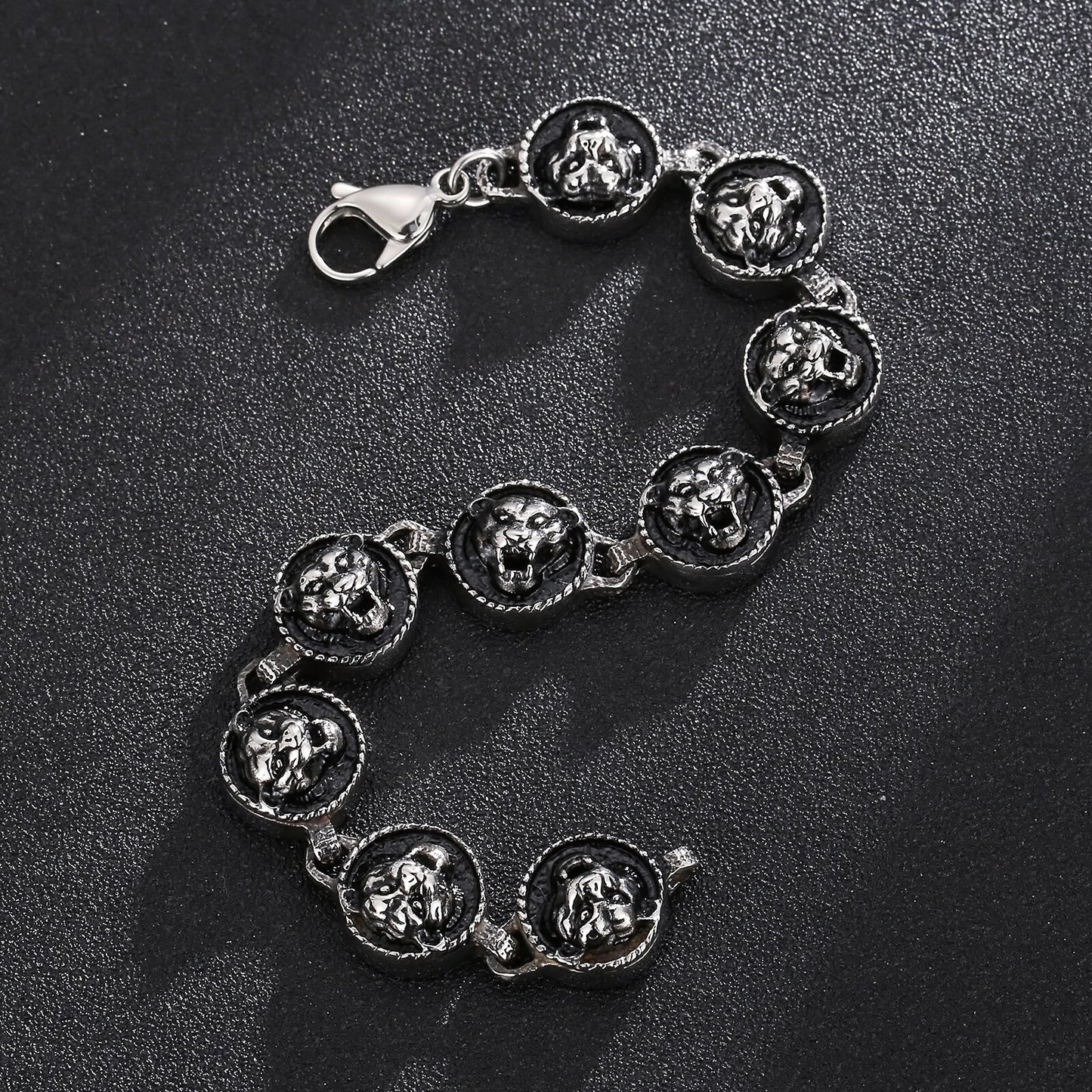 Tiger Head Charm Bracelet for Men 8.66 Inch Vintage Black Stainless Steel Punk Animal Wristband Trendy Jewelry