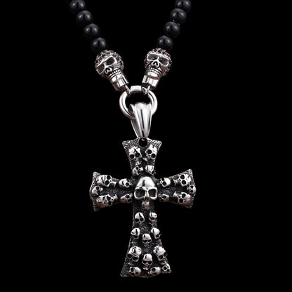 Skull Cross Stone Bead Mens Necklace