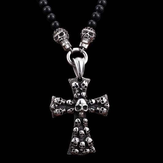 Skull Cross Stone Bead Mens Necklace