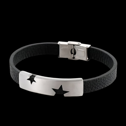 Star Punch Steel Bar and Leather Mens Bracelet