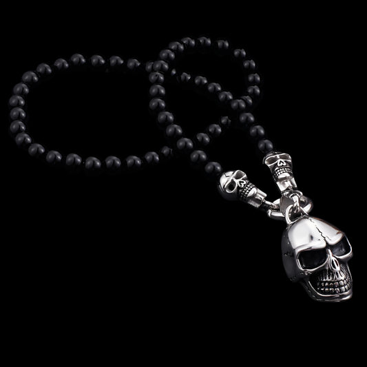 Stone and Steel Skull Capped Beaded Stone Mens Necklace