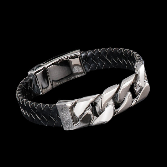 Woven Leather and Stainless Steel Chain Mens Bracelet