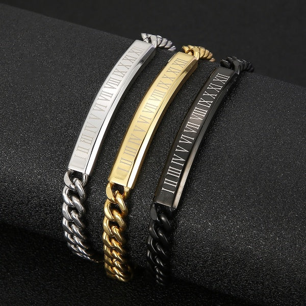 Roman Numerals Men Bracelet Stainless Steel Shiny Punk Link Chain Trendy Male Bangle Jewelry