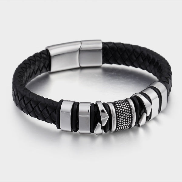 Vintage Charm Leather Bracelet Men Stainless Steel Black Weave Bracelets Man Fashion Jewelry