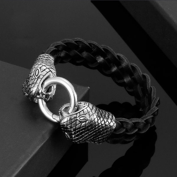 Viking Snake Leather Braided Rope Chain Men Bracelet High Quality Stainless Steel Charm Punk Male Fashion Jewelry