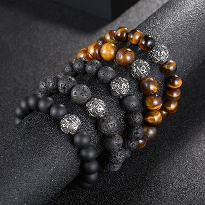 Vingtage Beads Bracelet Men Tiger Eye Charm 10mm 12mm Black Natural Lava Stone Bead Bracelet Mens 2020 Fashion Jewelry